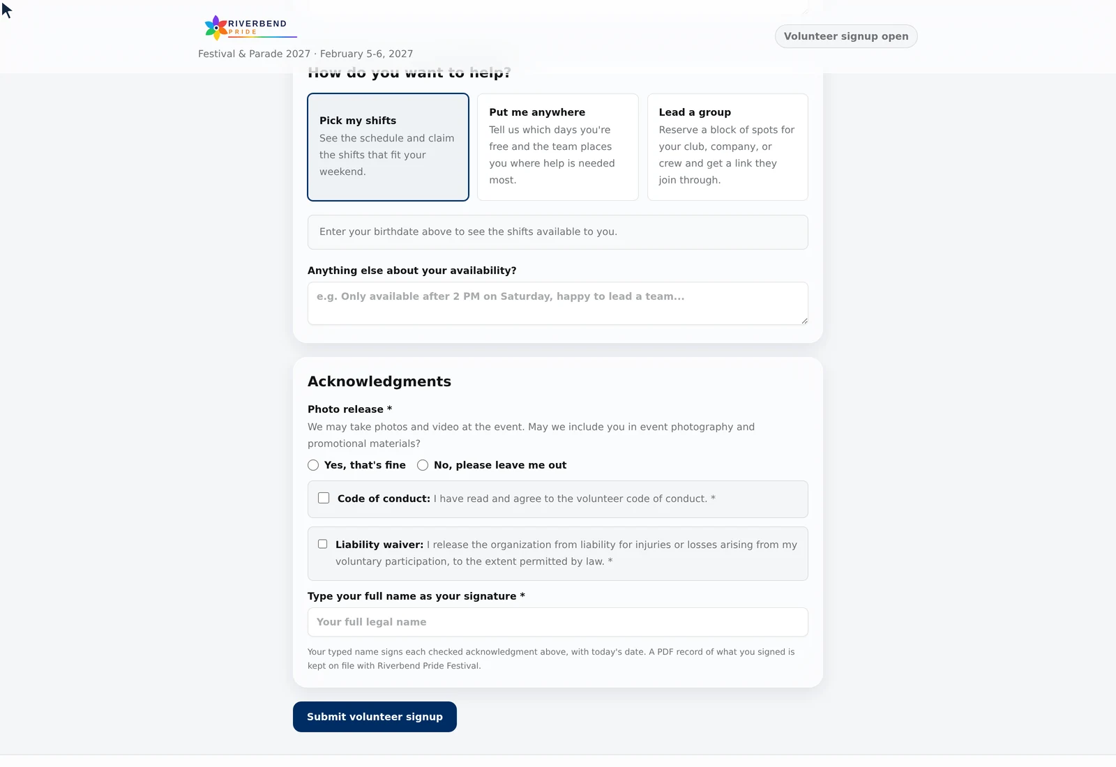 The volunteer signup page showing three choices: pick my shifts, put me anywhere, and lead a group, above a shift board grouped by day