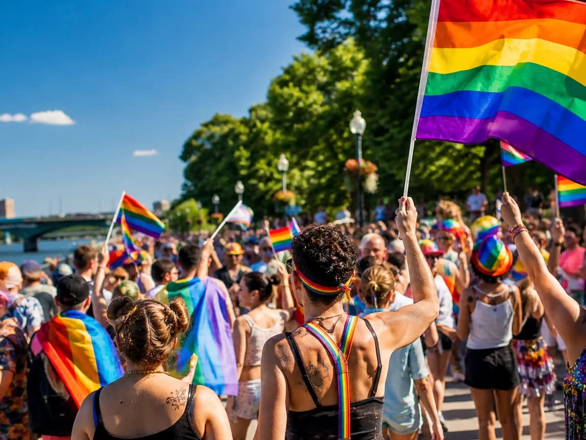 A parade crowd on a sunny street, rainbow flags raised, the route lined with people