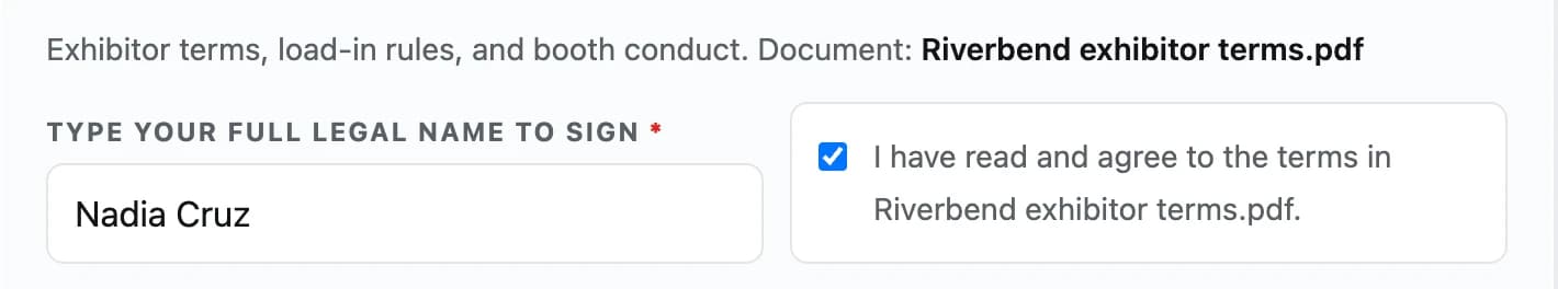 The signature step of an exhibitor registration: the document Riverbend exhibitor terms.pdf named above a required field reading Type your full legal name to sign, filled in, and a ticked box saying I have read and agree to the terms