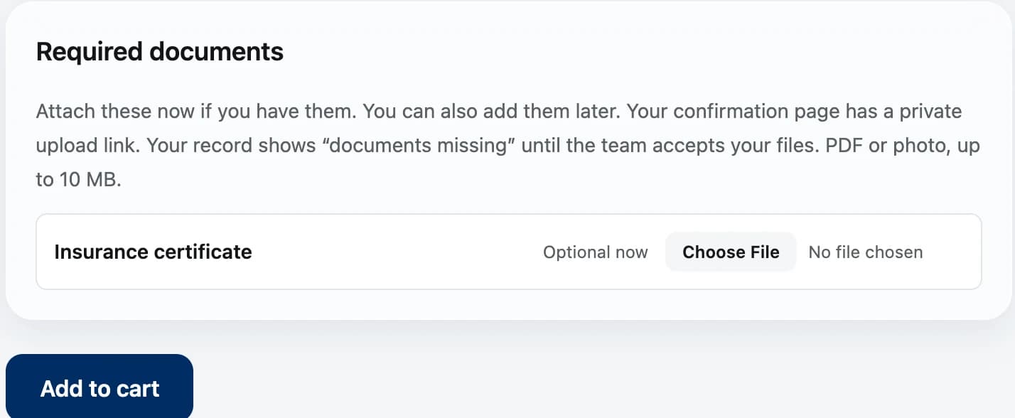 The Required documents section of a vendor registration form, explaining that files can be attached now or later through a private upload link, with an insurance certificate row and a Choose File button above Add to cart